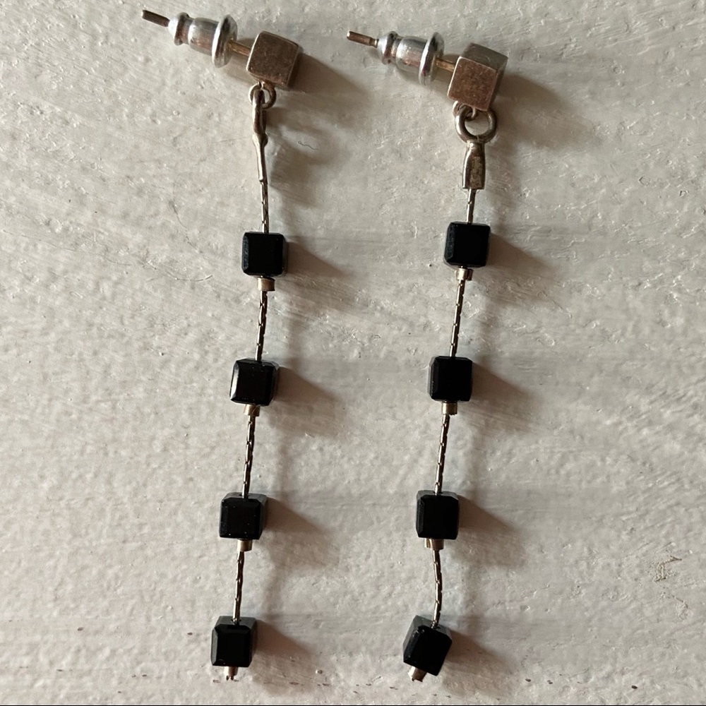 Sterling silver and black beads dangle earrings